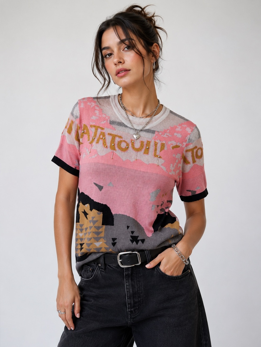 Dokky Pink Graphic Embellished Short Sleeve Knit Sweater Small